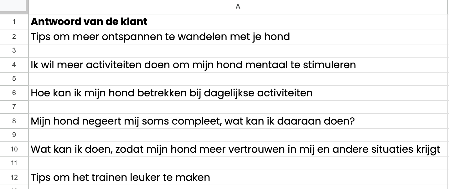 Antwoorden van klanten in een excel sheet