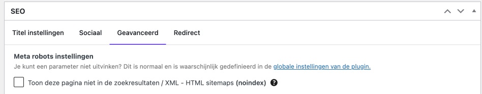 Indexering uitschakelen met SEO plugin